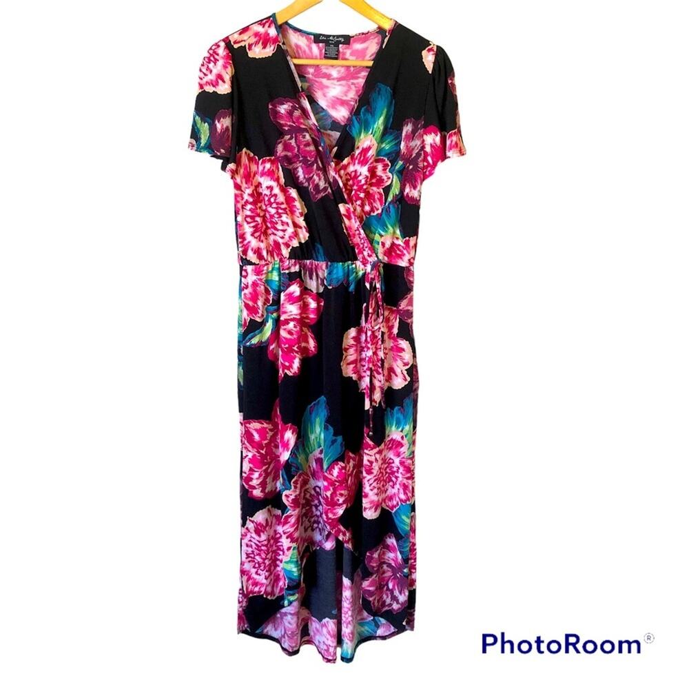 Elie McCarthy Floral MIDI Wrap Dress Black V-Neck Women’s Petite Medium Romantic
